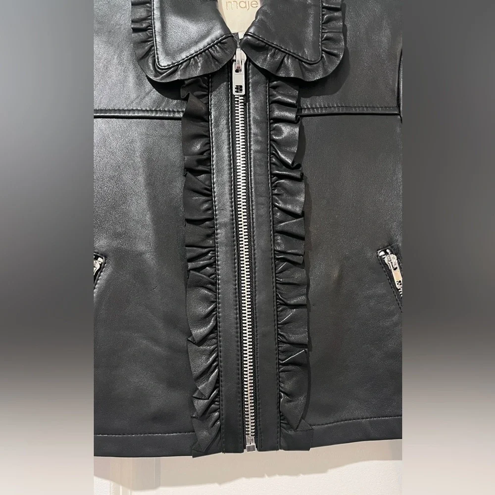 Maje Black Leather Ruffled Jacket - Picture 9 of 11